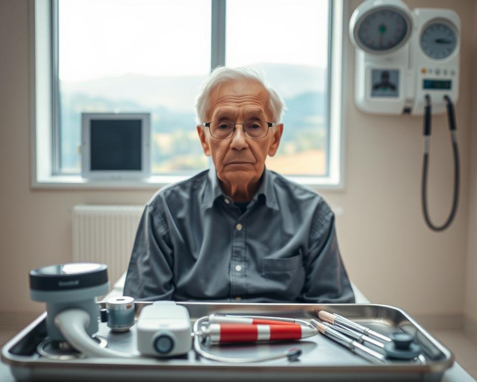 An elderly person sitting in a well-lit medical examination room, facing the camera with a pensive expression. In the foreground, various medical devices and instruments are neatly arranged on a tray, hinting at the importance of regular health screenings. The middle ground features a calming, neutral-toned color palette, creating a sense of serenity and professionalism. In the background, a window offers a glimpse of a serene outdoor landscape, symbolizing the connection between aging, health, and the natural world. The overall atmosphere conveys the gravity and necessity of understanding the aging process and proactively addressing one's health through comprehensive screenings.