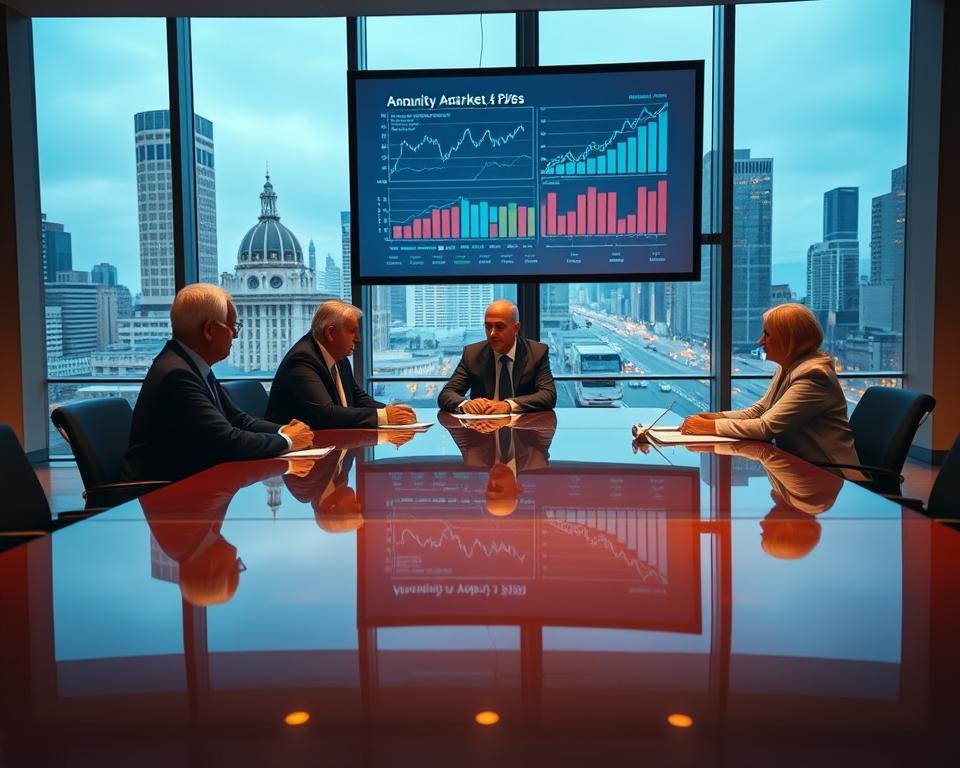 An elegant and modern image of the annuity market trends for elderly investors. A polished conference room table in the foreground, with charts and graphs depicting annuity performance and market shifts projected on a large screen behind it. Soft, warm lighting casts a professional, authoritative atmosphere. In the middle ground, a group of well-dressed financial advisors intently studying the data, deep in discussion. The background features a panoramic view of a bustling financial district, skyscrapers and busy streets visible through large windows. The overall mood is one of informed expertise, prudent decision-making, and a secure path to retirement income. An elegant and modern image of the annuity market trends for elderly investors. A polished conference room table in the foreground, with charts and graphs depicting annuity performance and market shifts projected on a large screen behind it. Soft, warm lighting casts a professional, authoritative atmosphere. In the middle ground, a group of well-dressed financial advisors intently studying the data, deep in discussion. The background features a panoramic view of a bustling financial district, skyscrapers and busy streets visible through large windows. The overall mood is one of informed expertise, prudent decision-making, and a secure path to retirement income.
