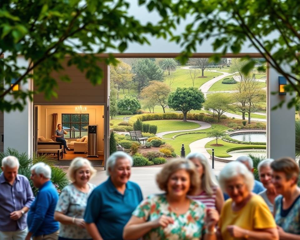 An inviting assisted living community, its entrance framed by lush greenery and warm lighting. In the foreground, a group of seniors engaged in a lively activity, their faces alight with joy. The middle ground showcases various amenities - a well-equipped fitness center, a cozy lounge, and a vibrant social hub. The background depicts a serene, park-like setting, with winding paths and serene water features. Soft, diffused lighting casts a welcoming glow, evoking a sense of comfort and belonging. The overall scene conveys the spirit of an enriching, active, and supportive senior living environment.