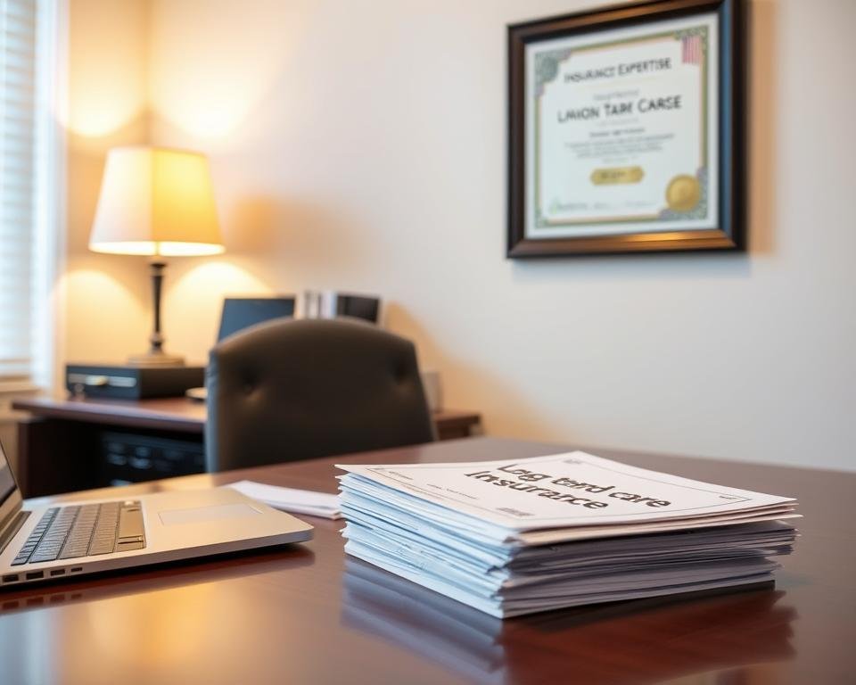 An office workspace with a neatly organized desk, a laptop, and a stack of documents representing long-term care insurance policies. On the wall, a framed certificate or award related to insurance expertise. Warm, inviting lighting illuminates the scene, creating a professional yet approachable atmosphere. The image conveys a sense of confidence and expertise in navigating the complexities of long-term care planning for retirement.