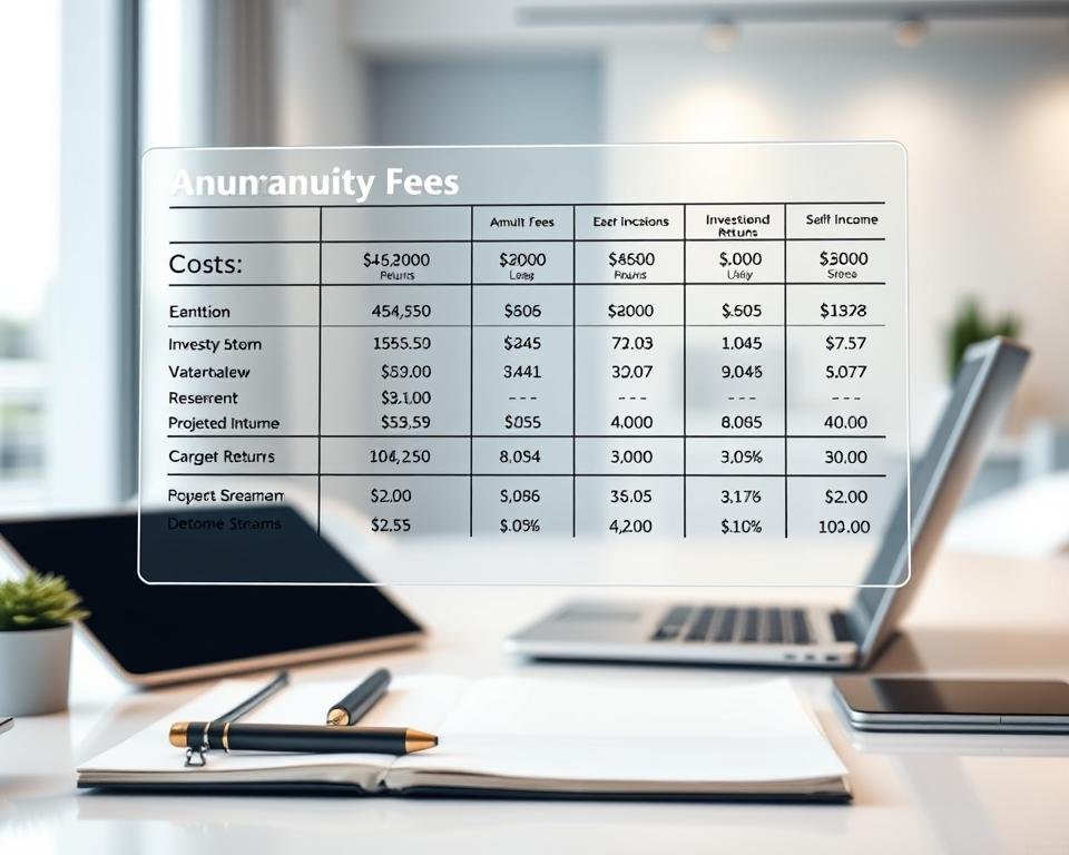 Detailed financial analysis of annuity fees and costs, displayed on a modern, minimalist desk setup. In the foreground, a transparent glass display hovers, showcasing annuity fee breakdowns, investment returns, and projected income streams. The middle ground features a sleek laptop, notepad, and a stylus, conveying an atmosphere of focused financial planning. The background is a softly blurred office interior, with clean lines and subtle lighting, creating a sense of professionalism and expertise. The overall mood is one of understanding, clarity, and informed decision-making, perfectly suited for the "Factors to Consider Before Purchasing an Annuity" section of the article. Detailed financial analysis of annuity fees and costs, displayed on a modern, minimalist desk setup. In the foreground, a transparent glass display hovers, showcasing annuity fee breakdowns, investment returns, and projected income streams. The middle ground features a sleek laptop, notepad, and a stylus, conveying an atmosphere of focused financial planning. The background is a softly blurred office interior, with clean lines and subtle lighting, creating a sense of professionalism and expertise. The overall mood is one of understanding, clarity, and informed decision-making, perfectly suited for the "Factors to Consider Before Purchasing an Annuity" section of the article.