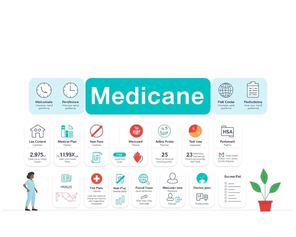 Detailed illustration of various Medicare plan options for the elderly, presented in a clean and organized layout. A crisp, well-lit scene with a neutral background, showcasing different Medicare plan icons, symbols, and visual cues. The foreground should feature a clear, structured display of the plan types, while the middle ground provides additional context and information. The overall mood should convey a sense of professionalism, clarity, and ease of understanding, suitable for an educational article on Medicare plans for seniors. Detailed illustration of various Medicare plan options for the elderly, presented in a clean and organized layout. A crisp, well-lit scene with a neutral background, showcasing different Medicare plan icons, symbols, and visual cues. The foreground should feature a clear, structured display of the plan types, while the middle ground provides additional context and information. The overall mood should convey a sense of professionalism, clarity, and ease of understanding, suitable for an educational article on Medicare plans for seniors.