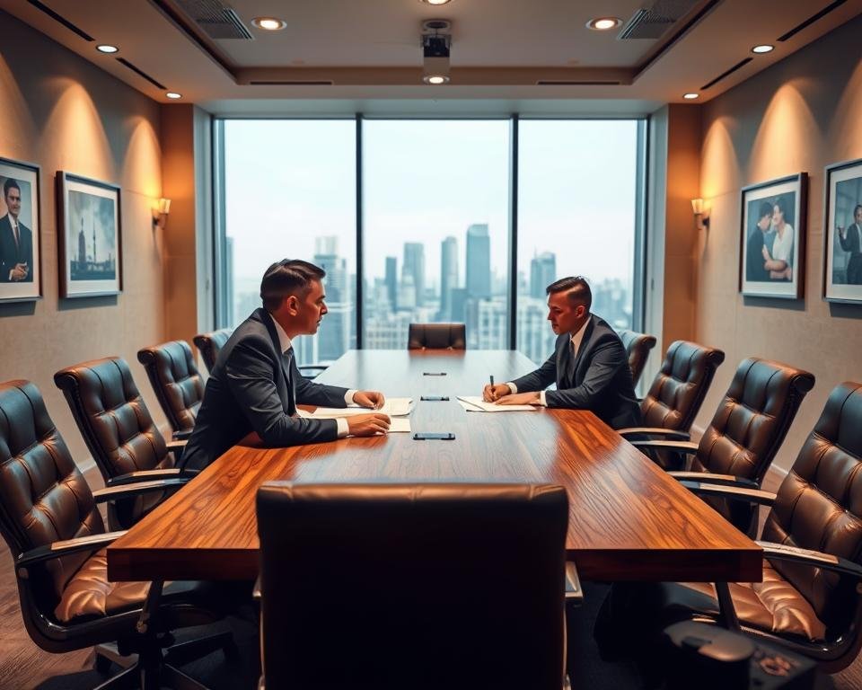 Detailed interior of a modern conference room, with a large wooden table surrounded by leather chairs. Across the table, two businesspeople in formal attire are engaged in an intense discussion, documents and contracts spread out before them. Soft, warm lighting from overhead fixtures casts a professional yet collaborative atmosphere. The room's walls are adorned with framed artwork, suggesting a refined and sophisticated setting for high-level negotiations. A large window in the background offers a cityscape view, hinting at the importance and weight of the licensing agreements being discussed.