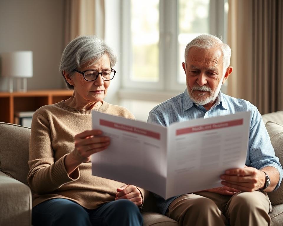 Detailed senior couple seated in a warm, modern living room, examining healthcare documents and considering Medicare options. Soft, natural lighting floods the scene, creating a sense of calm and trust. The couple's expressions convey a thoughtful, focused demeanor as they review their medical coverage choices. The room's minimalist decor and neutral tones emphasize the importance of their decision-making process. An aura of financial responsibility and care for one's health in retirement pervades the image.