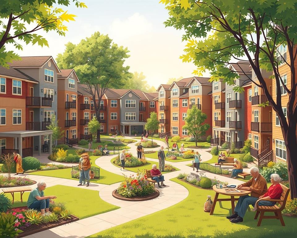 High-quality digital illustration of a cozy and inviting senior housing community, featuring well-designed, energy-efficient apartment buildings surrounded by lush landscaping, walking paths, and communal gathering spaces. The buildings have warm, earthy tones and a mix of modern and traditional architectural elements, creating a sense of comfort and community. In the foreground, a group of active older adults are engaged in various social activities, such as gardening, playing chess, or chatting on a bench. The lighting is soft and natural, with the sun gently peeking through the trees. The overall mood is one of serenity, affordability, and a high quality of life for the residents.