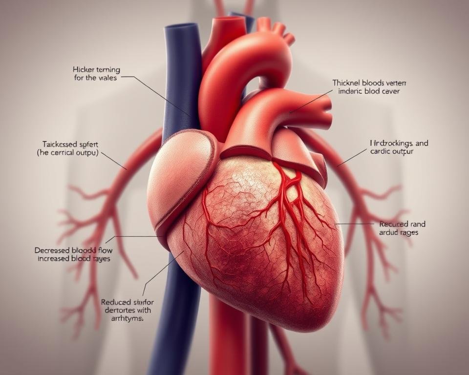 a detailed illustration of an aging cardiovascular system, showing the progressive changes and challenges of the heart with advancing age. The foreground depicts the heart, with a focus on the thickening of the ventricle walls, the stiffening of the valves, and the narrowing of the major blood vessels. The middle ground showcases the impact of these changes, such as reduced blood flow, decreased cardiac output, and the increased risk of conditions like hypertension and arrhythmias. The background provides a subtle, muted context, emphasizing the complex, interconnected nature of the cardiovascular system and the gradual, relentless process of aging. The lighting is soft and subdued, conveying a sense of the delicate balance and fragility of the aging heart. The overall mood is one of contemplation and the need for understanding and proactive management of the challenges faced by the aging cardiovascular system.
