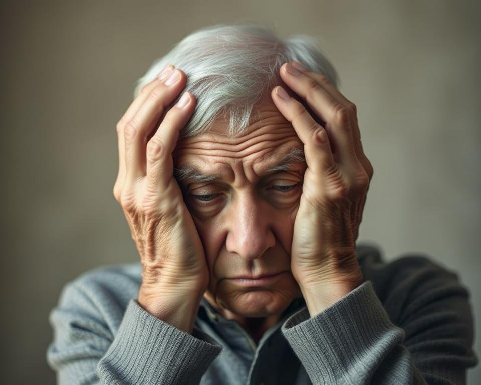 a elderly person's hands holding their head, appearing worried or distressed, set against a soft, muted background that evokes a sense of vulnerability and concern; the hands are the central focus, with a shallow depth of field that blurs the surrounding details, creating an intimate, introspective mood; the lighting is gentle, with warm tones that suggest a sense of care and empathy; the composition is balanced, drawing the viewer's attention to the subject's expression and body language, which convey the physical and emotional symptoms of depression in seniors.