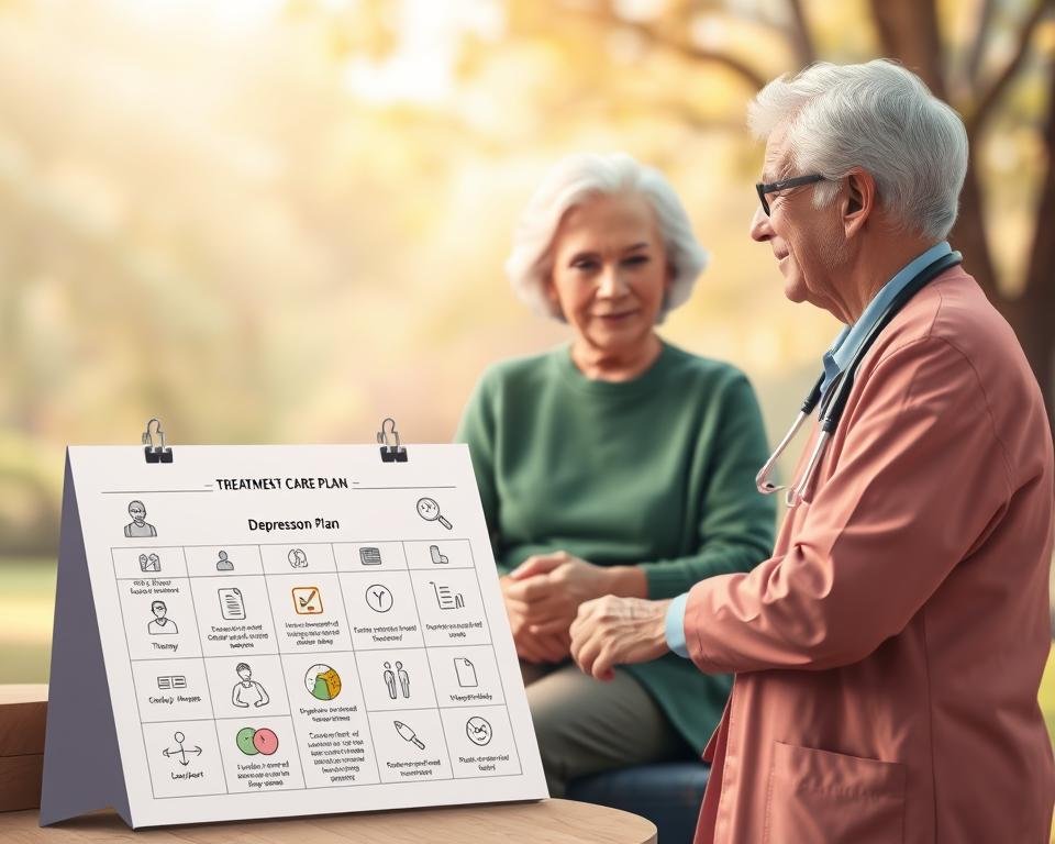 a highly detailed digital illustration of a personalized treatment plan for depression in seniors, with a warm and calming atmosphere. The foreground features a customized care plan with various icons and symbols representing different treatment modalities, such as medication, therapy, lifestyle changes, and social support. The middle ground showcases a senior patient engaged in a conversation with a healthcare professional, their expressions conveying understanding and collaboration. The background depicts a soothing, natural environment with soft lighting, perhaps a park or garden setting, to create a sense of tranquility and well-being. The overall composition emphasizes the personalized, holistic, and compassionate approach to addressing the unique needs of the elderly patient.