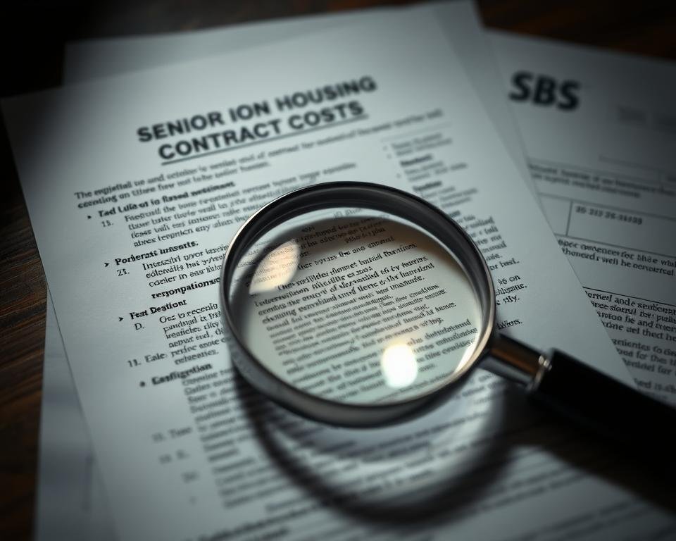 hidden senior housing contract costs, detailed legal documents and forms, paperwork with fine print, financial implications for residents, a magnifying glass revealing hidden details, a somber, cautious atmosphere, moody lighting, dramatic shadows, shallow depth of field, cinematic composition