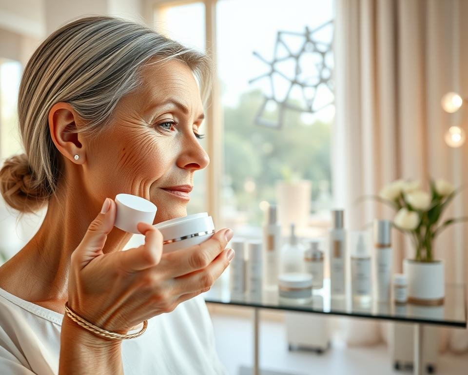 A beautifully lit dermatologist's office, with a warm, welcoming atmosphere. In the foreground, a close-up of a hand applying a luxurious moisturizer to a mature, glowing complexion. The middle ground features a display of high-quality skincare products, meticulously arranged, showcasing the latest advancements in anti-aging technology. In the background, a large window floods the room with soft, natural light, casting a serene, calming glow. The overall scene exudes a sense of expertise, care, and the promise of youthful, radiant skin. A beautifully lit dermatologist's office, with a warm, welcoming atmosphere. In the foreground, a close-up of a hand applying a luxurious moisturizer to a mature, glowing complexion. The middle ground features a display of high-quality skincare products, meticulously arranged, showcasing the latest advancements in anti-aging technology. In the background, a large window floods the room with soft, natural light, casting a serene, calming glow. The overall scene exudes a sense of expertise, care, and the promise of youthful, radiant skin.