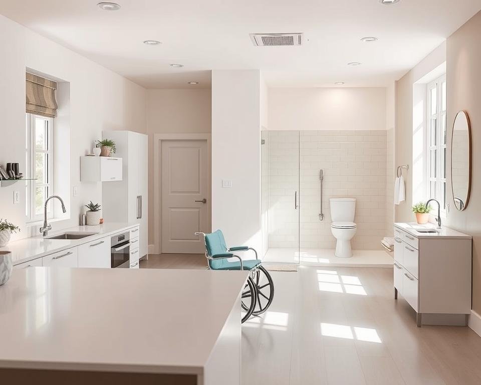 A bright, airy kitchen and bathroom with modern, accessible features. In the foreground, a spacious kitchen with a wide, open floor plan, featuring low countertops, pull-out shelves, and a height-adjustable sink. Plenty of maneuvering space for wheelchairs or walkers. The bathroom in the middle ground has a walk-in shower with grab bars, a raised toilet, and a vanity with a knee-space underneath. Soft, diffused lighting from overhead fixtures and large windows illuminates the scene, creating a warm, welcoming atmosphere. The background showcases a soothing, neutral color palette and clean, minimalist design elements, emphasizing the accessibility and safety of the space.