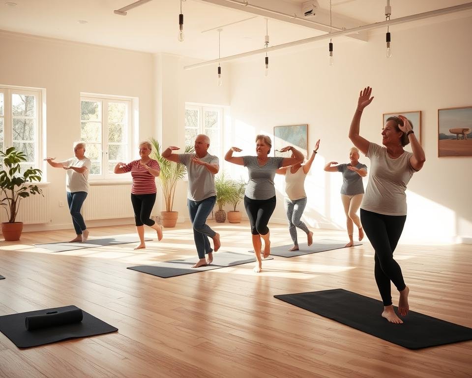 A bright, well-lit studio with natural light streaming through large windows. In the foreground, a group of seniors performing a series of balance exercises, their movements graceful and focused. In the middle ground, a wooden floor with yoga mats and exercise props. The background features a minimalist, serene setting with potted plants and calming artwork on the walls. The overall mood is one of tranquility, empowerment, and a dedication to healthy aging.