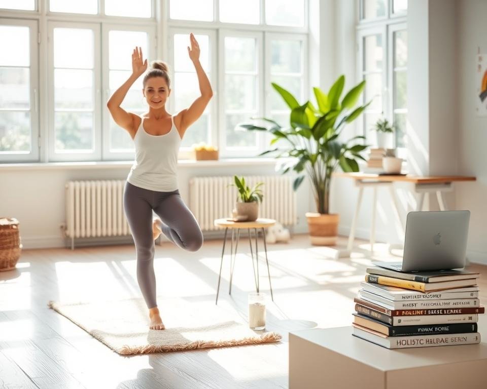 A brightly lit, airy room filled with natural sunlight streaming through large windows. In the foreground, a person practices gentle yoga poses on a plush exercise mat, their movements flowing with mindful intention. The middle ground features a small table with a bowl of fresh fruit, a glass of water, and a stack of books on holistic health. In the background, a lush indoor plant and a minimalist desk with a laptop, symbolizing a balanced work-life routine. The atmosphere exudes a sense of tranquility and wellness, inviting the viewer to embrace healthy daily habits.