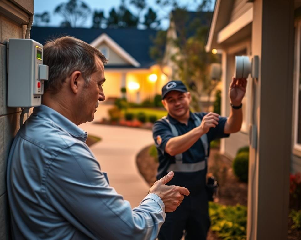 A brightly lit, well-maintained senior living community's maintenance team meticulously inspecting various safety features. In the foreground, a technician closely examines the operation of an emergency call system, ensuring reliable function. In the middle ground, another worker diligently checks the smoke detectors, verifying their readiness. The background showcases the community's well-kept grounds, with manicured landscaping and a tranquil atmosphere conveying a sense of security and care. Soft, warm lighting illuminates the scene, creating a welcoming and reassuring ambiance. The image captures the proactive approach to safety and the commitment to providing a secure environment for the residents.