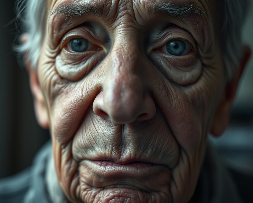 A close-up portrait of an elderly person's face, with visible signs of dehydration. The skin appears dry, wrinkled, and lacking elasticity. The eyes are sunken, and the lips are cracked. The subject's expression conveys a sense of discomfort or fatigue. The lighting is soft and diffused, creating a somber, documentary-style aesthetic. The background is blurred, keeping the focus on the subject's face and the visible effects of dehydration. The overall atmosphere evokes a sense of concern and the need for attention to this important health issue affecting older adults.