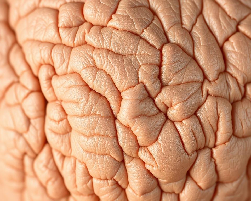 A close-up view of aged skin, capturing the intricate patterns of wrinkles and age spots. The skin appears weathered and textured, with a slight pinkish hue and uneven tone. The lighting is soft, slightly diffused, emphasizing the delicate details and casting subtle shadows to accentuate the contours. The focus is sharp, allowing the viewer to observe the individual creases, crevices, and blemishes that characterize the natural aging process. The overall mood is one of thoughtful contemplation, inviting the viewer to consider the changes and resilience of the skin, our largest and most visible organ.