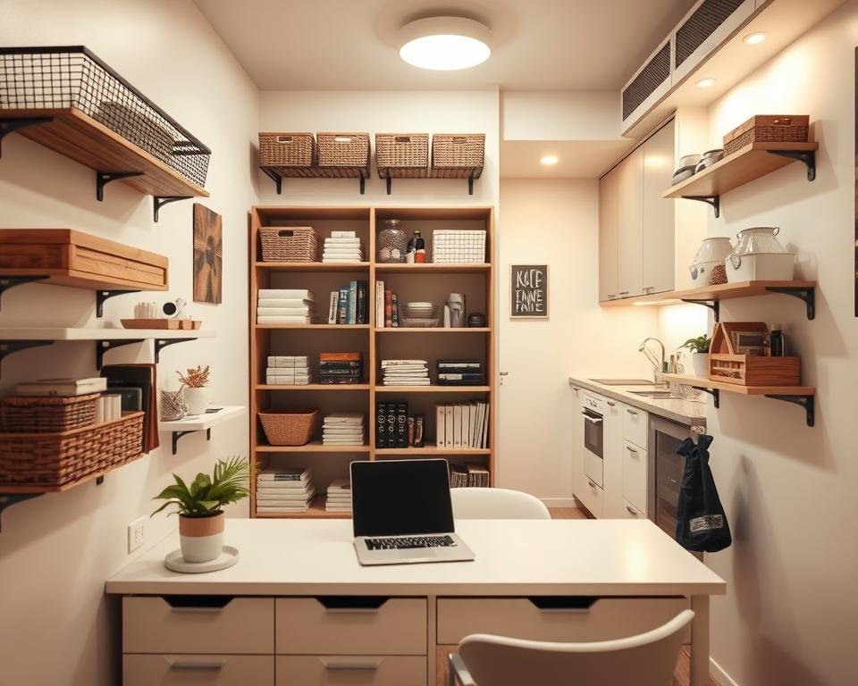 A cozy apartment with strategic shelving and storage solutions, maximizing every inch of available space. Warm overhead lighting casts a gentle glow, highlighting neatly organized baskets, cubbies, and wall-mounted racks brimming with essential items. In the foreground, a sleek, minimalist desk with discrete drawers and compartments, a laptop, and a potted plant, creating a harmonious and productive work zone. The middle ground features a modular shelving unit, its shelves optimized for books, knick-knacks, and space-saving containers. In the background, a small but efficient kitchenette with cleverly designed cabinets and pullout drawers, keeping cooking supplies and dinnerware tidy and accessible.