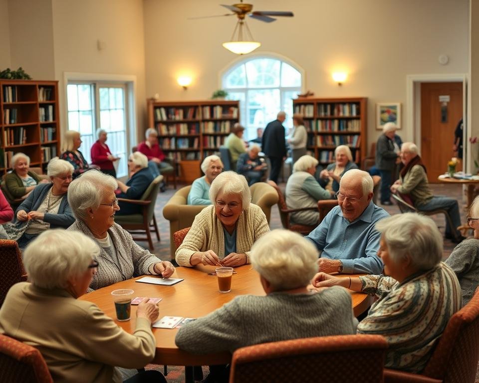 A cozy community center filled with seniors engaged in a variety of social activities. In the foreground, a group of elderly friends gathered around a table, laughing and playing cards. Soft, warm lighting creates a welcoming atmosphere. In the middle ground, a knitting circle sits in comfortable armchairs, their needles clicking rhythmically. The background showcases a well-stocked library, with seniors browsing the shelves or curled up reading. An art class is visible through a doorway, brushstrokes adding pops of color. The overall scene conveys a sense of vibrant community, social connection, and the joy of shared experiences among the residents of an independent living facility. A cozy community center filled with seniors engaged in a variety of social activities. In the foreground, a group of elderly friends gathered around a table, laughing and playing cards. Soft, warm lighting creates a welcoming atmosphere. In the middle ground, a knitting circle sits in comfortable armchairs, their needles clicking rhythmically. The background showcases a well-stocked library, with seniors browsing the shelves or curled up reading. An art class is visible through a doorway, brushstrokes adding pops of color. The overall scene conveys a sense of vibrant community, social connection, and the joy of shared experiences among the residents of an independent living facility.