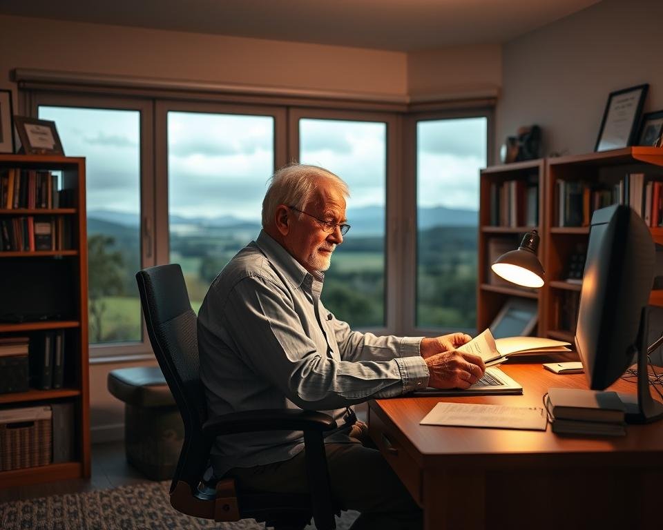 A cozy home office setting, with a professional-looking desk, a comfortable ergonomic chair, and shelves filled with books and certificates. In the foreground, a retired person sits at the desk, intently studying materials and making notes. The lighting is warm and focused, drawing the viewer's attention to the retiree's expression of deep concentration and expertise. In the background, a large window overlooking a serene landscape, suggesting a sense of tranquility and life experience. The overall atmosphere conveys a balance of productivity, wisdom, and audience-focused dedication.