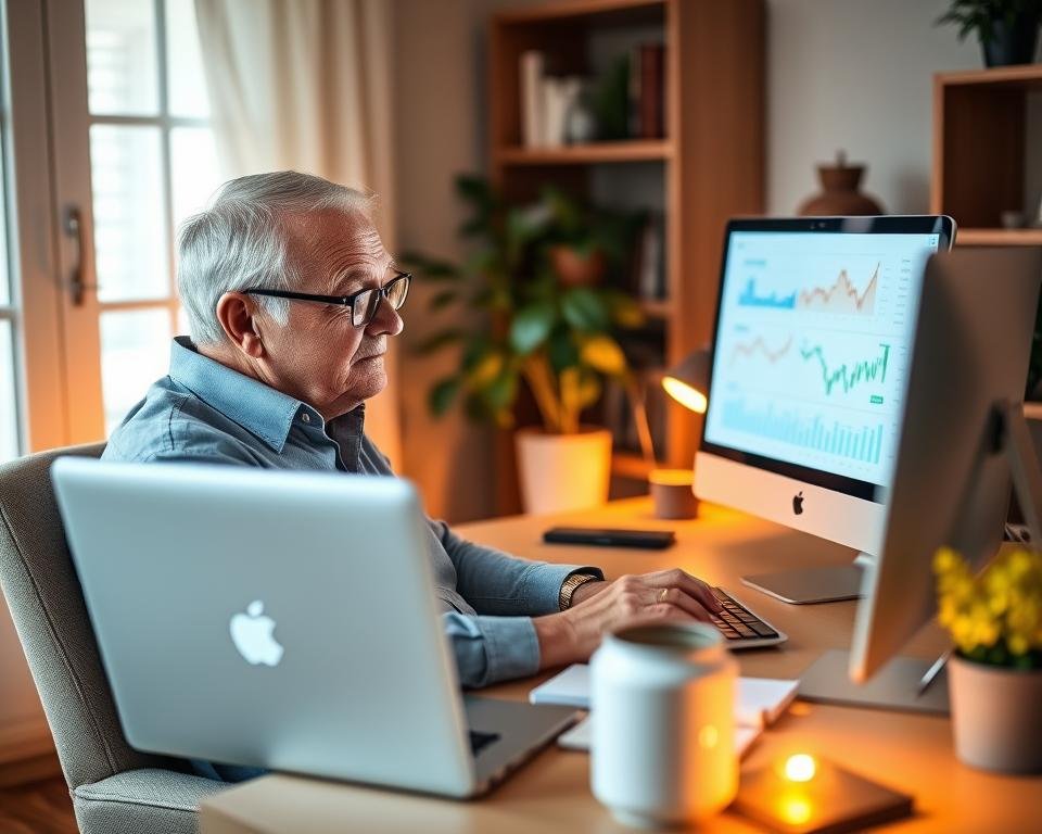 A cozy home office setting, with a senior adult comfortably seated at a desk, their attention focused on a laptop. Soft, warm lighting illuminates the scene, creating a tranquil atmosphere. In the background, financial charts and graphs are displayed on the computer screen, hinting at passive income strategies. Tasteful decor, such as a potted plant and a bookshelf, add a sense of personal touches. The overall mood is one of productivity, contentment, and the financial security that can come with smart retirement planning.