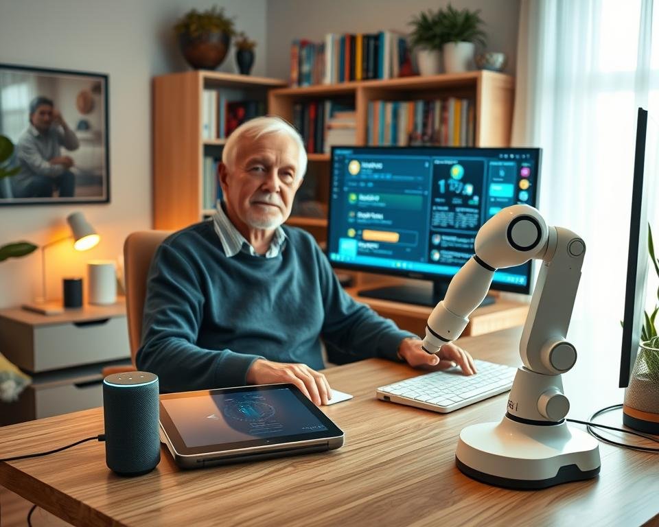 A cozy home office setup with an elderly retiree seated at a modern desk, surrounded by various automation tools and smart devices. The lighting is warm and inviting, casting a soft glow over the scene. In the foreground, a sleek tablet and a voice-controlled smart speaker sit on the desk, while a programmable robotic arm hovers nearby, ready to assist with repetitive tasks. In the middle ground, a high-resolution monitor displays intuitive automation software, with easy-to-navigate interfaces tailored for senior users. The background features a bookshelf filled with helpful guides on leveraging technology for passive income, complemented by tasteful decor that exudes a sense of tranquility and productivity. A cozy home office setup with an elderly retiree seated at a modern desk, surrounded by various automation tools and smart devices. The lighting is warm and inviting, casting a soft glow over the scene. In the foreground, a sleek tablet and a voice-controlled smart speaker sit on the desk, while a programmable robotic arm hovers nearby, ready to assist with repetitive tasks. In the middle ground, a high-resolution monitor displays intuitive automation software, with easy-to-navigate interfaces tailored for senior users. The background features a bookshelf filled with helpful guides on leveraging technology for passive income, complemented by tasteful decor that exudes a sense of tranquility and productivity.