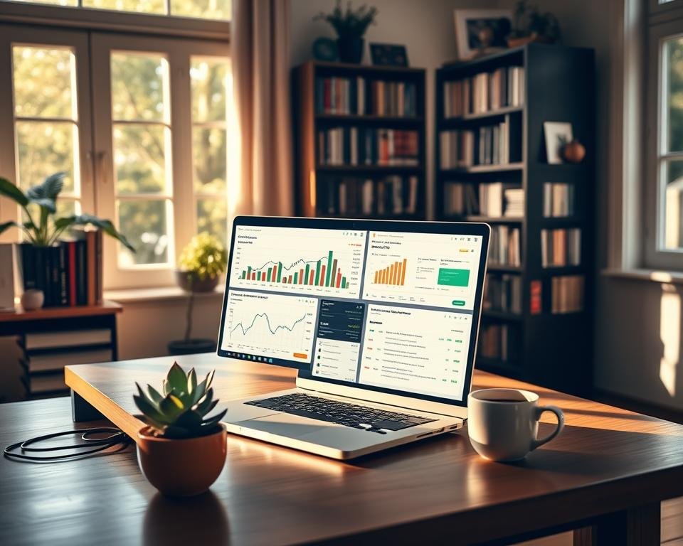 A cozy home office with a desk, laptop, and various passive income sources displayed on the screen, such as investment graphs, online course materials, and affiliate marketing dashboards. The room is bathed in warm, natural lighting streaming through large windows, creating a serene and productive atmosphere. In the background, a bookshelf with inspiring business and financial books. On the desk, a succulent plant and a cup of coffee, symbolizing the tranquility and focus needed to build a sustainable passive income stream. The overall scene conveys a sense of financial freedom, independence, and the potential for a fulfilling online business lifestyle.