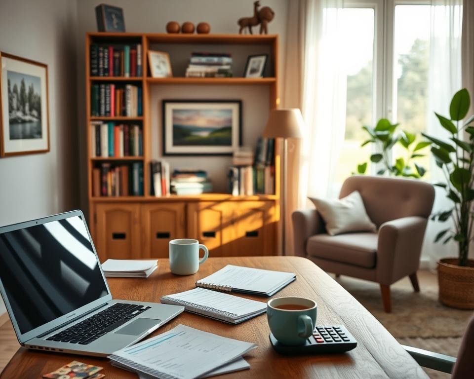A cozy home office with a warm, inviting atmosphere. In the foreground, a wooden desk with a laptop, calculator, and a stack of financial documents. Nearby, a planner and a mug of hot tea. The middle ground features bookshelves filled with personal finance guides and a framed artwork depicting a peaceful landscape. Soft, natural lighting filters through the window, casting a gentle glow on the scene. The background showcases a comfortable armchair and a calming indoor plant, creating a sense of balance and tranquility. This image evokes the feeling of a well-planned, stress-free retirement budget. A cozy home office with a warm, inviting atmosphere. In the foreground, a wooden desk with a laptop, calculator, and a stack of financial documents. Nearby, a planner and a mug of hot tea. The middle ground features bookshelves filled with personal finance guides and a framed artwork depicting a peaceful landscape. Soft, natural lighting filters through the window, casting a gentle glow on the scene. The background showcases a comfortable armchair and a calming indoor plant, creating a sense of balance and tranquility. This image evokes the feeling of a well-planned, stress-free retirement budget.