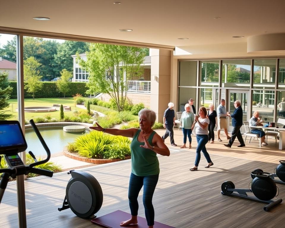 A cozy independent living community for older adults, bathed in warm, natural lighting. In the foreground, a well-equipped fitness center with modern exercise equipment and a group of seniors engaged in a yoga class. In the middle ground, a scenic outdoor garden with lush greenery, a tranquil water feature, and residents strolling leisurely. In the background, a state-of-the-art community center hosting an art class, its large windows offering panoramic views of the vibrant, age-friendly neighborhood. An atmosphere of active, enriched living, fostering a sense of belonging and empowerment for the residents.