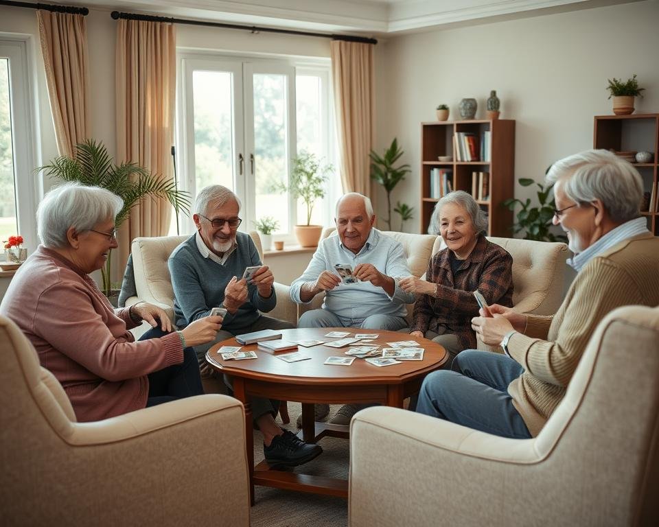 A cozy living room setting with a group of elderly friends engaged in a memory game. The seniors sit around a wooden coffee table, their faces alight with concentration as they flip over cards and try to match pairs. Soft natural lighting filters in through large windows, casting a warm glow over the scene. The room is tastefully decorated with plush armchairs, a bookshelf, and potted plants, creating a comfortable, homely atmosphere. The seniors' expressions are joyful, their body language animated as they interact and encourage one another. This serene, intimate setting showcases the social and cognitive benefits of memory games for the elderly.