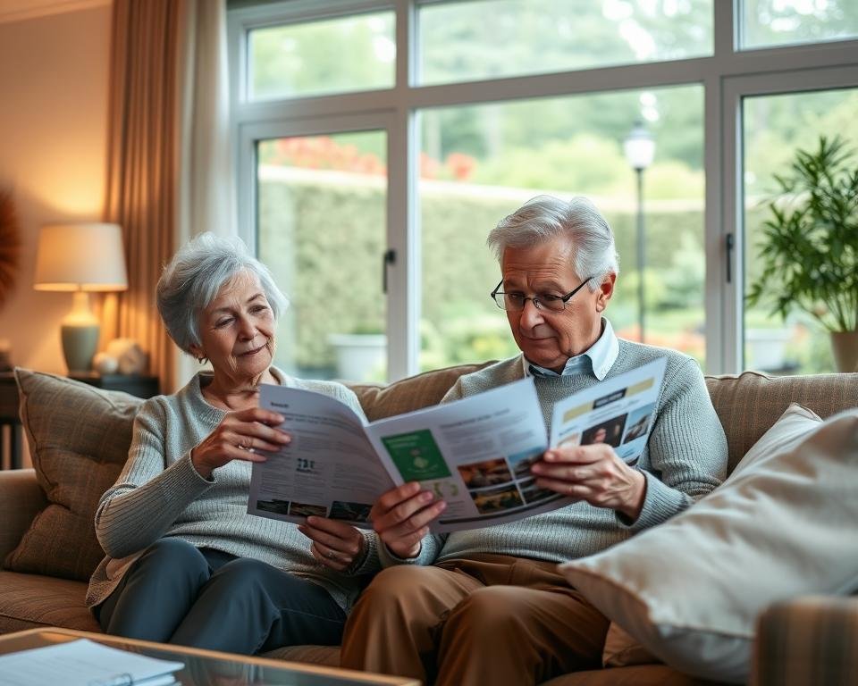 A cozy living room setting with an elderly couple sitting on a comfortable sofa, intently studying brochures and documents about various senior living options. Soft, warm lighting illuminates the scene, creating a contemplative atmosphere. In the background, a large window offers a serene view of a picturesque garden. The couple's expressions convey thoughtfulness and careful consideration as they evaluate their retirement living choices. The room is tastefully furnished with modern, yet inviting decor, reflecting the couple's refined tastes. A sense of anticipation and hopeful transition permeates the scene. A cozy living room setting with an elderly couple sitting on a comfortable sofa, intently studying brochures and documents about various senior living options. Soft, warm lighting illuminates the scene, creating a contemplative atmosphere. In the background, a large window offers a serene view of a picturesque garden. The couple's expressions convey thoughtfulness and careful consideration as they evaluate their retirement living choices. The room is tastefully furnished with modern, yet inviting decor, reflecting the couple's refined tastes. A sense of anticipation and hopeful transition permeates the scene.
