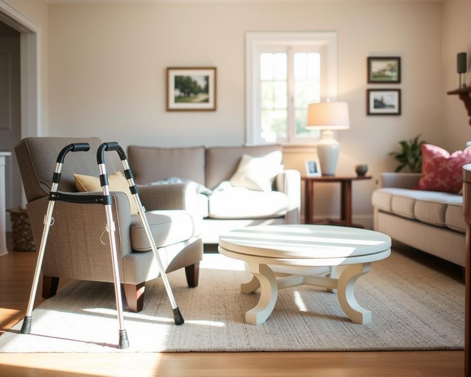A cozy living room with natural lighting, showcasing practical and budget-friendly home modifications for aging seniors. In the foreground, a comfortable armchair with supportive cushions, alongside a sturdy walker or cane. In the middle ground, a low-profile coffee table with rounded edges, and a side table with a lamp providing warm, diffused illumination. The background features neutral-toned walls, with a few framed photographs or art pieces that add a personal touch. The overall atmosphere is inviting, calm, and designed to promote accessibility and ease of movement for the homeowner.