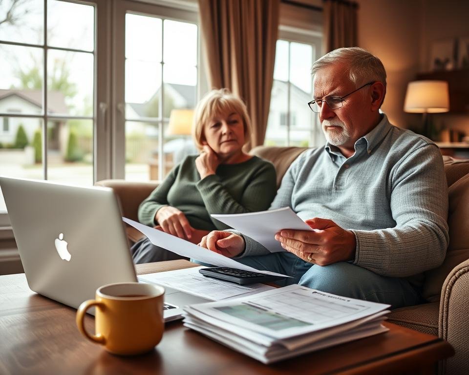 A cozy living room with plush seating and warm lighting, showcasing a senior couple deeply engaged in reviewing financial documents and calculators. The foreground features an open laptop, a stack of papers, and a mug of hot tea, conveying a sense of focused contemplation. The middle ground depicts the couple, expressions thoughtful, as they pore over the information before them. In the background, a window overlooks a tranquil suburban neighborhood, hinting at the potential cost savings of downsizing to a smaller, more manageable home. The overall atmosphere is one of careful consideration, financial responsibility, and the peace of mind that comes with planning for the future.