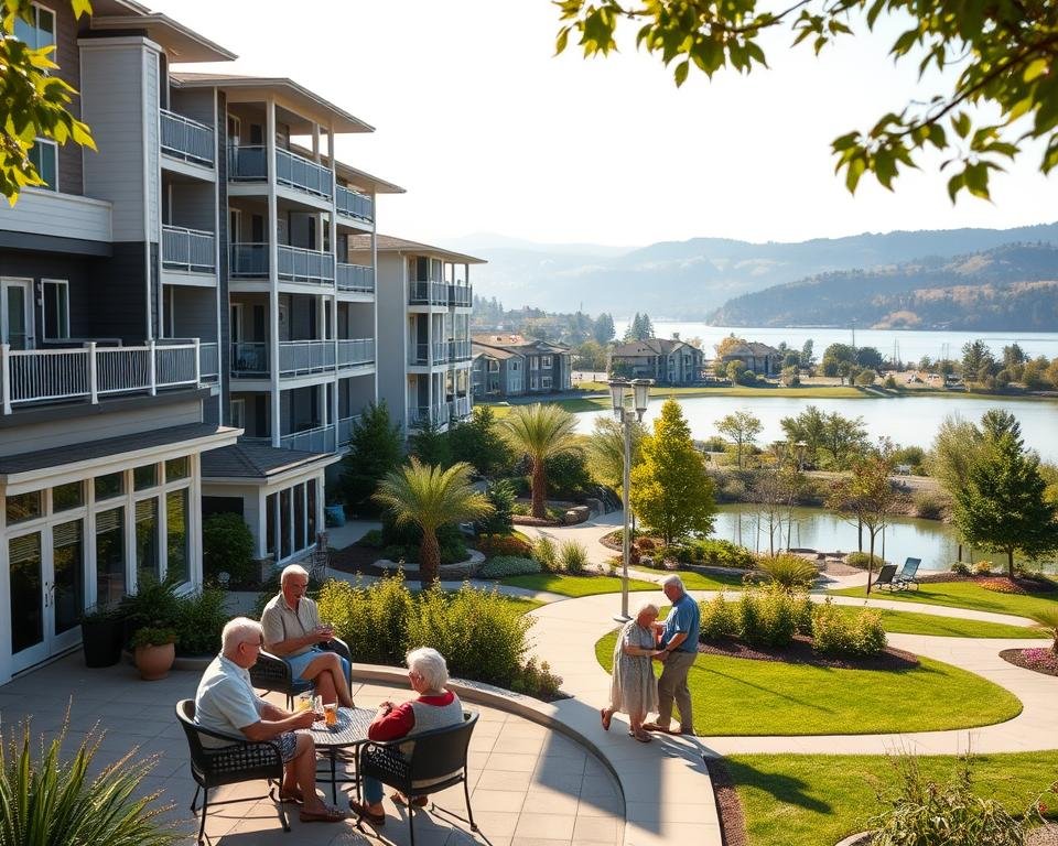 A cozy, modern senior living community with a range of residential options. The foreground features a group of seniors relaxing on a well-appointed patio, enjoying the warm sunlight and lush landscaping. In the middle ground, several multi-story buildings with clean, contemporary architecture and well-maintained grounds. The background showcases a tranquil lake or pond, with gentle hills and trees creating a serene, natural backdrop. Soft, diffused lighting illuminates the scene, conveying a sense of comfort and care. The overall atmosphere is one of active, independent living in a safe, amenity-rich environment.