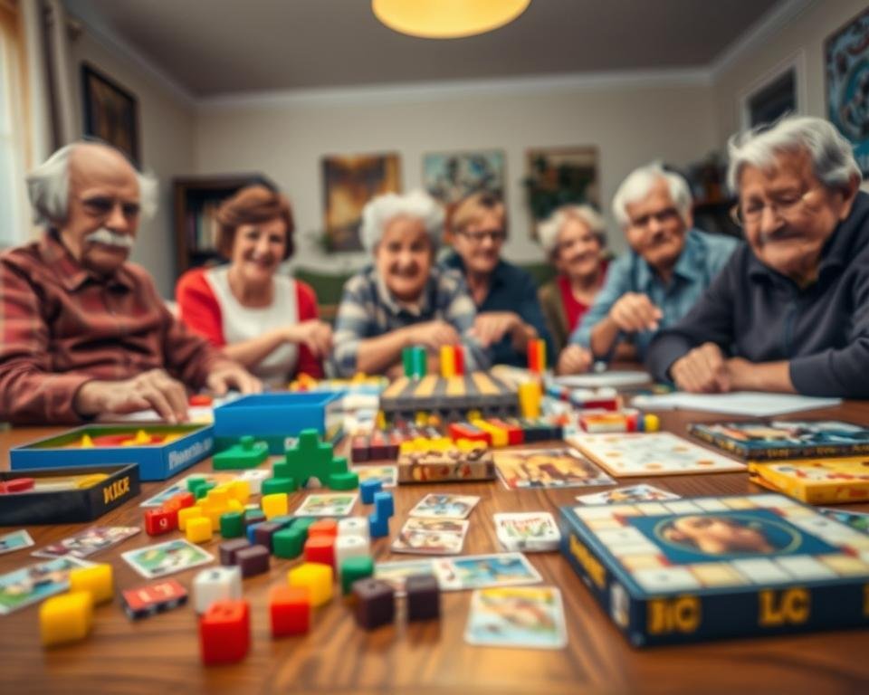 A cozy senior game night, with a variety of creative board games laid out on a wooden table. In the foreground, a vibrant assortment of game pieces, dice, and cards, inviting players to engage their minds. In the middle ground, a group of seniors intently focused, their expressions filled with concentration and delight. The background is softly lit, with warm tones and a sense of camaraderie, creating an atmosphere of intellectual stimulation and social connection. The scene is captured with a wide-angle lens, allowing the viewer to fully immerse themselves in the creative board game experience. A cozy senior game night, with a variety of creative board games laid out on a wooden table. In the foreground, a vibrant assortment of game pieces, dice, and cards, inviting players to engage their minds. In the middle ground, a group of seniors intently focused, their expressions filled with concentration and delight. The background is softly lit, with warm tones and a sense of camaraderie, creating an atmosphere of intellectual stimulation and social connection. The scene is captured with a wide-angle lens, allowing the viewer to fully immerse themselves in the creative board game experience.