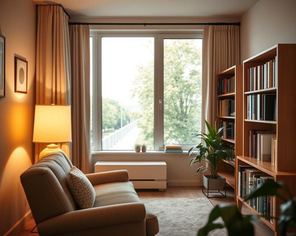 A cozy senior living apartment with warm lighting and natural wood accents. In the foreground, a comfortable armchair and a side table with a reading lamp and a book. In the middle ground, a bookshelf filled with volumes and a houseplant adding a touch of greenery. The background showcases a large window overlooking a peaceful, tree-lined street, creating a serene and inviting atmosphere. The lighting is soft and diffused, creating a welcoming and relaxing environment for an older adult to enjoy their retirement. The overall scene conveys a sense of simplicity, comfort, and the joy of downsizing to a more manageable, yet fulfilling lifestyle.