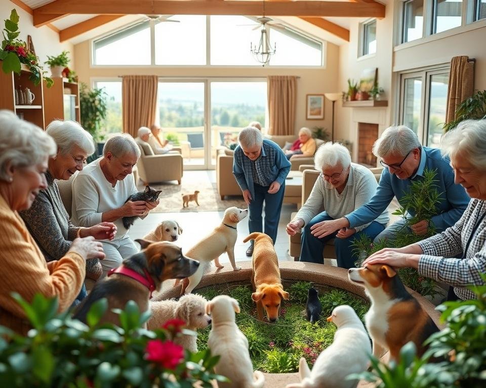 A cozy senior living community, bathed in warm natural light. In the foreground, a group of elderly residents gather around a tranquil indoor garden, petting and interacting with a variety of friendly companion animals - dogs, cats, and even a few small birds. The seniors' faces are filled with joy and contentment as they engage in the soothing, therapeutic activity. In the middle ground, an inviting lounge area with plush seating and a fireplace, where additional residents relax and socialize. The background reveals picturesque outdoor views, hinting at the community's lush, well-maintained grounds. The overall atmosphere is one of vibrant, inclusive community life, where seniors can thrive and find companionship.