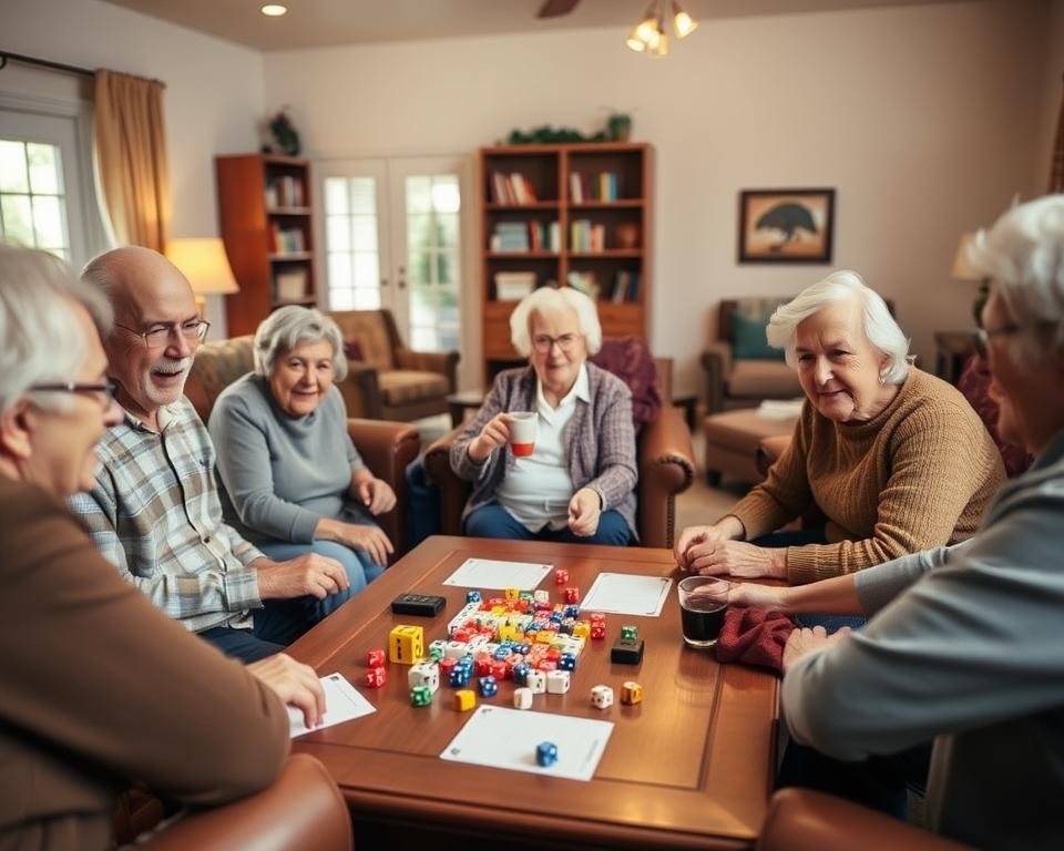 A cozy senior living room with a warm, well-lit atmosphere. In the foreground, a group of elderly people enthusiastically engaged in a dice game, their faces alight with excitement and concentration. The middle ground showcases a wooden coffee table adorned with an array of colorful dice, score sheets, and refreshments, creating a convivial setting. The background features comfortable armchairs and a bookshelf, suggesting a relaxed and inviting ambiance. The overall scene conveys a sense of camaraderie, intellectual stimulation, and the joys of shared experiences among the golden-aged participants. A cozy senior living room with a warm, well-lit atmosphere. In the foreground, a group of elderly people enthusiastically engaged in a dice game, their faces alight with excitement and concentration. The middle ground showcases a wooden coffee table adorned with an array of colorful dice, score sheets, and refreshments, creating a convivial setting. The background features comfortable armchairs and a bookshelf, suggesting a relaxed and inviting ambiance. The overall scene conveys a sense of camaraderie, intellectual stimulation, and the joys of shared experiences among the golden-aged participants.