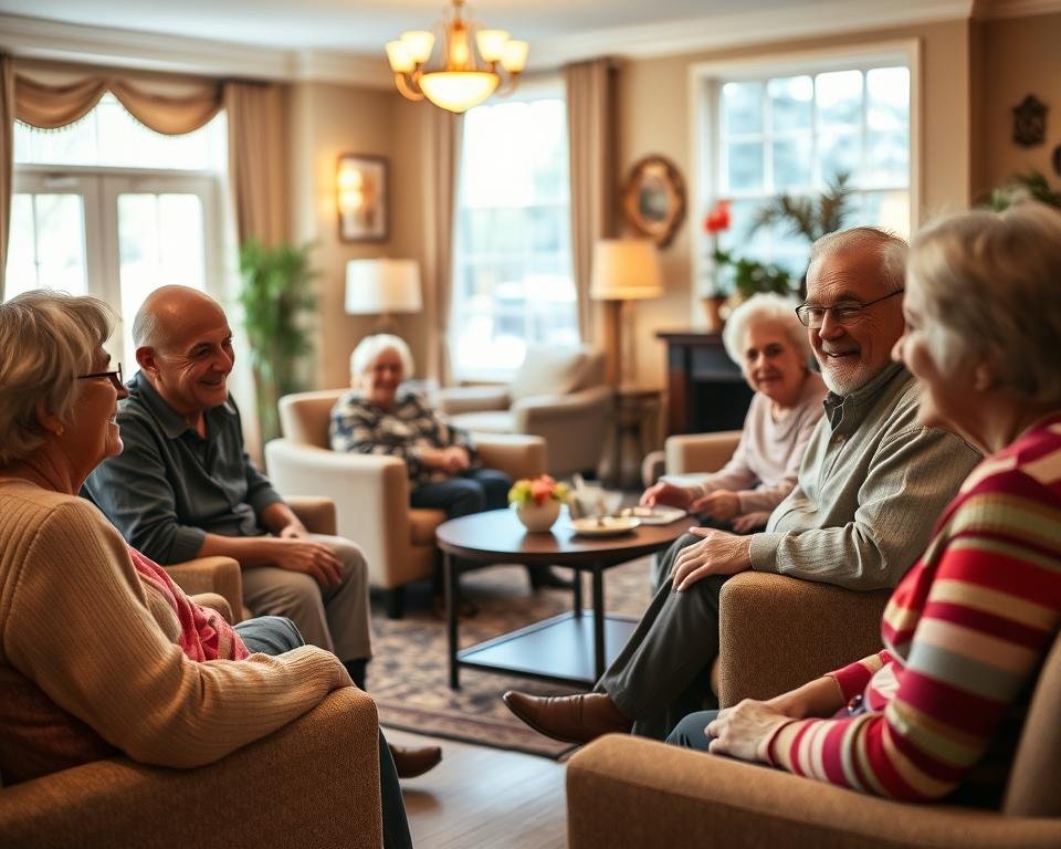 A cozy shared living space for seniors, bathed in warm, inviting lighting. In the foreground, a group of elderly residents enjoying a friendly conversation, their faces radiating contentment. In the middle ground, a well-appointed common area with comfortable armchairs and a central coffee table, encouraging social interaction. The background features tasteful decor and large windows, allowing natural light to flood the space and create a sense of openness and community. The atmosphere is one of security, comfort, and camaraderie, reflecting the supportive environment of a senior shared living facility.