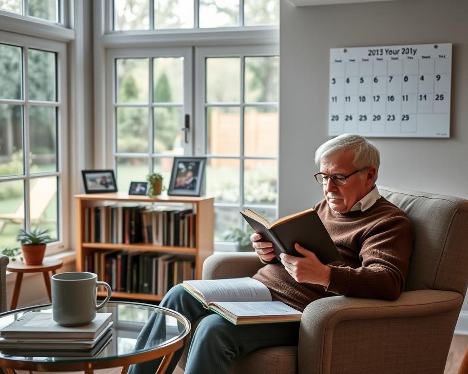 A cozy, well-lit living room with large windows overlooking a garden. In the foreground, a senior adult sitting in a comfortable armchair, engrossed in a book. On a side table, a mug of steaming tea and a daily planner. In the middle ground, a bookshelf with neatly organized volumes and framed photographs. The background features a simple, but elegant wall calendar highlighting the days of the week. Soft, natural lighting filters through the windows, creating a warm and inviting atmosphere. The scene conveys a sense of structure, tranquility, and the benefits of a daily routine for older adults.