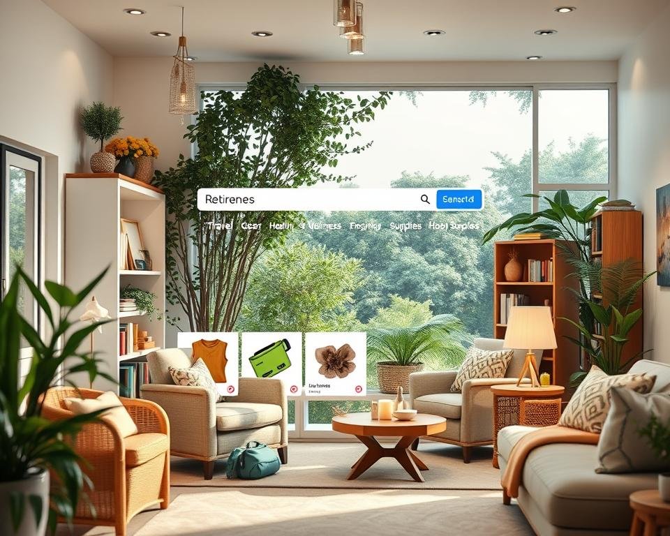 A cozy, well-lit online storefront for retirees, showcasing a variety of products tailored to their needs and interests. The foreground features a clean, user-friendly website interface with a prominent search bar and categories like "Travel Essentials", "Health & Wellness", and "Hobby Supplies". In the middle ground, a selection of lifestyle products are displayed, such as comfortable travel gear, ergonomic furniture, and engaging hobby kits. The background depicts a serene, nature-inspired setting with soft lighting, lush greenery, and a sense of tranquility, conveying a relaxing and inviting atmosphere for the retired demographic. The overall composition should exude a warm, trustworthy, and accessible vibe for an online business catering to the needs of retirees.