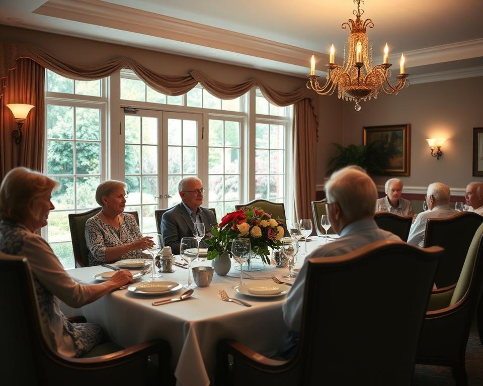A cozy, well-lit senior living dining room with large windows overlooking a lush garden. An elegant table is set with fine china, silverware, and fresh flowers, inviting residents to gather and enjoy a delightful meal together. Soft lighting from chandeliers and sconces creates a warm, welcoming ambiance. The space is filled with the aroma of freshly prepared, nutritious dishes, as attentive staff graciously serve the residents. Comfortable, high-backed chairs surround the table, encouraging conversation and camaraderie. The atmosphere exudes a sense of community, where seniors can savor not only the food but also the company of their peers in a refined, yet relaxed setting.