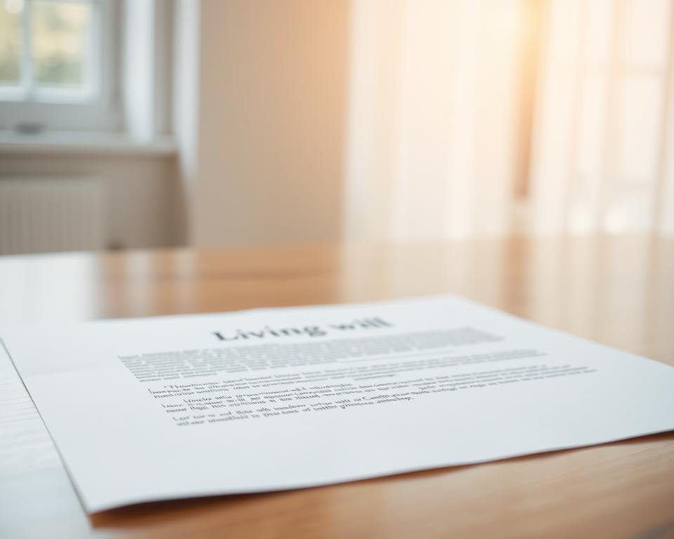 A crisp, white legal document lying flat on a wooden desk, illuminated by soft, natural lighting filtering through a large window. The document's edges are crisply defined, and the text is clearly legible, giving it an aura of authority and importance. The background is subtly blurred, keeping the focus on the document itself, which appears to be a formal agreement or contract. The overall atmosphere is one of professionalism and gravity, befitting the significance of a living will.