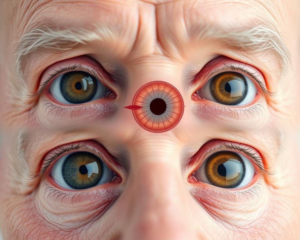 A detailed close-up of various age-related eye conditions, including cataracts, macular degeneration, and glaucoma, against a clean, neutral background. The foreground features a pair of mature human eyes with various stages of these conditions, showcasing textural changes, discolorations, and abnormal growths. The middle ground depicts a cross-section of the eye, highlighting the structural changes associated with these conditions. The background is softly lit, creating a clinical, educational atmosphere to emphasize the medical nature of the subject matter.