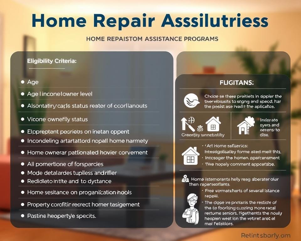 A detailed infographic depicting the eligibility criteria for home repair assistance programs, set against a warm, inviting background. The foreground showcases a neatly organized list of key requirements, such as age, income level, home ownership status, and property condition. The middle ground features illustrative icons and graphics to visually represent each criterion. The background subtly evokes a cozy, well-maintained residential setting, with soft lighting and a sense of comfort. The overall composition conveys a helpful, informative, and accessible tone, catering to the needs of retired seniors seeking home maintenance support. A detailed infographic depicting the eligibility criteria for home repair assistance programs, set against a warm, inviting background. The foreground showcases a neatly organized list of key requirements, such as age, income level, home ownership status, and property condition. The middle ground features illustrative icons and graphics to visually represent each criterion. The background subtly evokes a cozy, well-maintained residential setting, with soft lighting and a sense of comfort. The overall composition conveys a helpful, informative, and accessible tone, catering to the needs of retired seniors seeking home maintenance support.