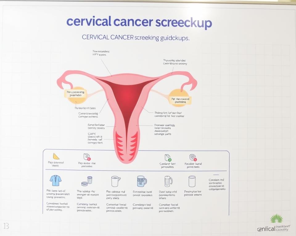 A detailed medical diagram depicting cervical cancer screening guidelines. In the foreground, a labeled diagram of the female reproductive system, with the cervix highlighted and annotated with key checkup information. In the middle ground, a series of small icons or illustrations representing the various screening tests and procedures, such as Pap smears, HPV tests, and colposcopies. The background has a clean, clinical aesthetic, with a subtle grid pattern or medical imagery to reinforce the educational nature of the image. Bright, even lighting from multiple angles creates clear visibility and emphasizes the informative nature of the content. The overall tone is authoritative yet approachable, designed to educate and empower viewers regarding cervical cancer prevention.