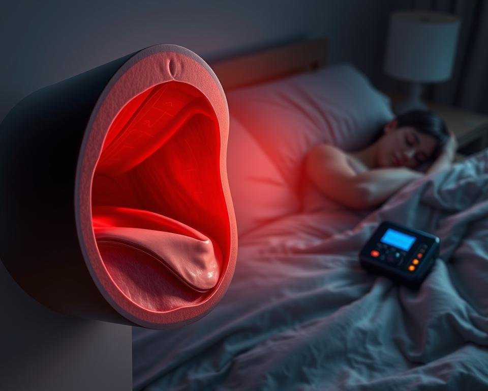 A detailed rendering of obstructive sleep apnea, a sleep disorder characterized by repeated upper airway obstructions during sleep. In the foreground, a cross-section of the upper airway shows the pharynx constricted by relaxed soft tissues, obstructing airflow. Surrounding this, a dimly lit bedroom scene with a sleeping figure tossing and turning, accompanied by the glowing display of a monitoring device. The overall atmosphere conveys the disruptive and potentially dangerous nature of this condition, with soft, muted tones and dramatic lighting to heighten the sense of unease and discomfort.