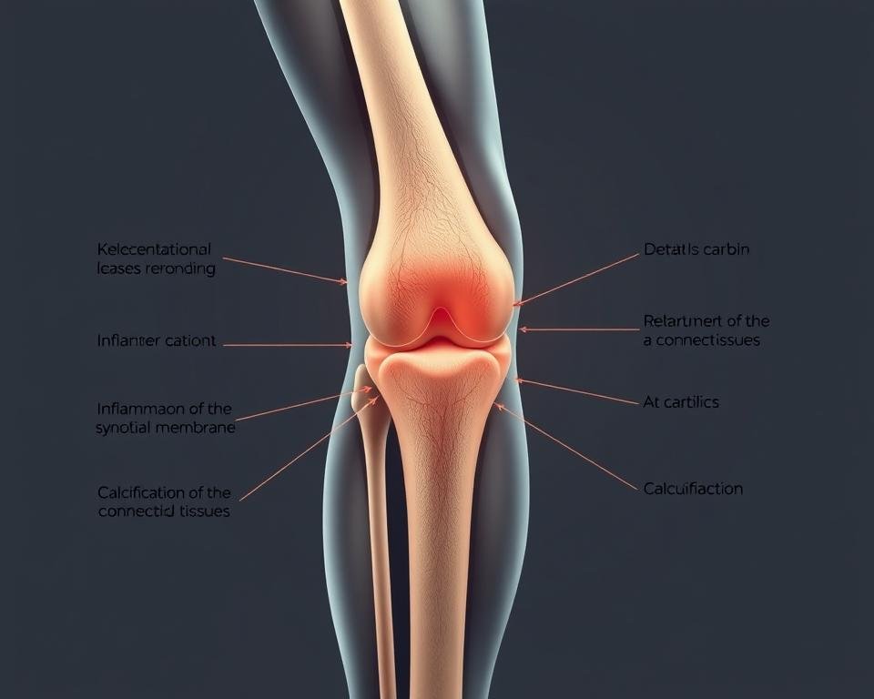 A detailed, scientifically accurate illustration of the primary causes of joint stiffness and bodily rigidity. Featuring a cross-sectional view of a human knee joint, highlighting the key anatomical structures and physiological processes underlying this condition. Depict the gradual deterioration of cartilage, inflammation of the synovial membrane, and calcification of the connective tissues. Utilize a muted, clinical color palette to convey the seriousness of the subject matter. Employ subtle lighting from an oblique angle to accentuate the structural details. Maintain a sense of visual balance and proportion to ensure the image is both informative and aesthetically pleasing.