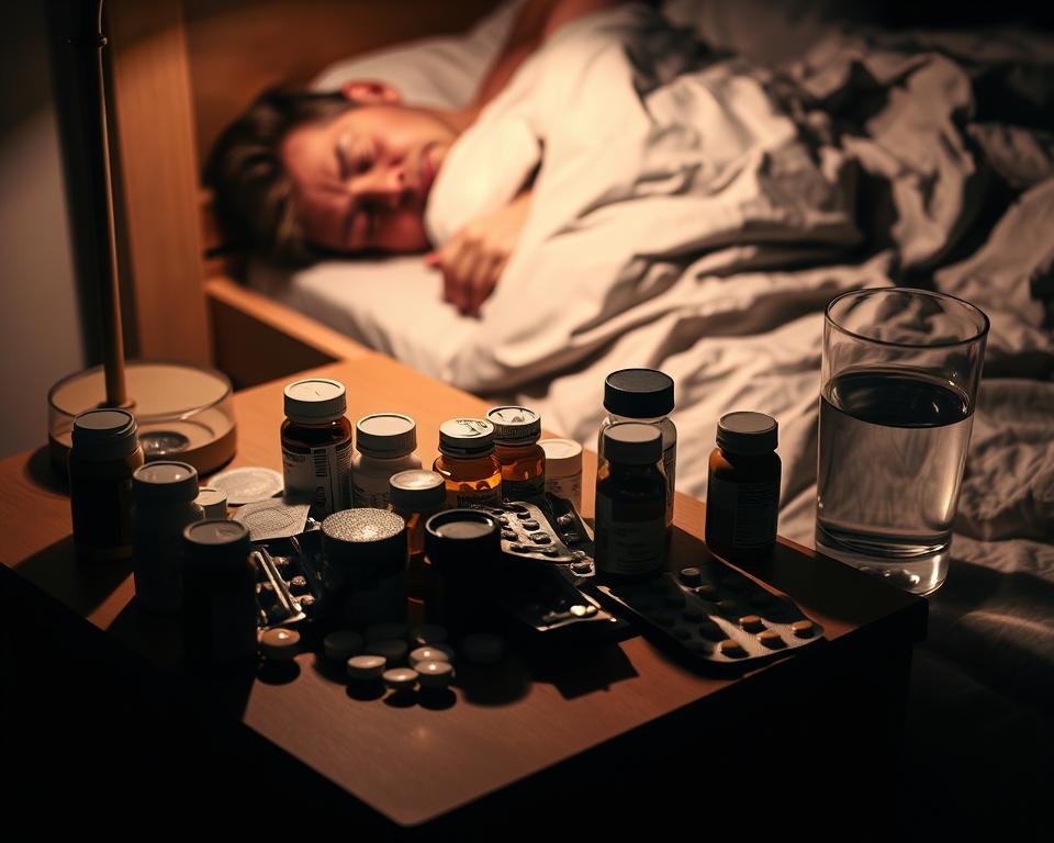 A dimly lit bedside table, its surface cluttered with an assortment of pill bottles, blister packs, and a glass of water. The medications, casting long shadows, are the focal point, symbolizing their impact on sleep quality. In the background, a sleeping figure lies under rumpled bedsheets, tossing restlessly. Muted, warm lighting casts a somber, contemplative mood, emphasizing the quiet struggle with sleep disruption. The scene is captured with a shallow depth of field, drawing the viewer's attention to the central elements. The overall composition conveys the complex relationship between common medications and their effect on the sleep patterns of seniors.