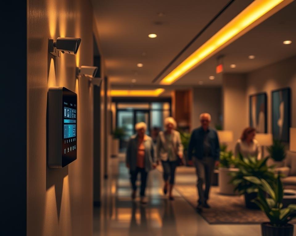 A dimly lit, modern senior living facility lobby, illuminated by warm, recessed lighting. In the foreground, a sleek, wall-mounted security panel with a touchscreen interface, surrounded by discreet security cameras. In the middle ground, residents move about the space, their faces obscured for privacy. The background features a carefully curated array of plants, artwork, and furnishings, creating a sense of comfort and security. The overall atmosphere conveys a feeling of heightened safety and technological sophistication, tailored to the unique needs of the senior community.