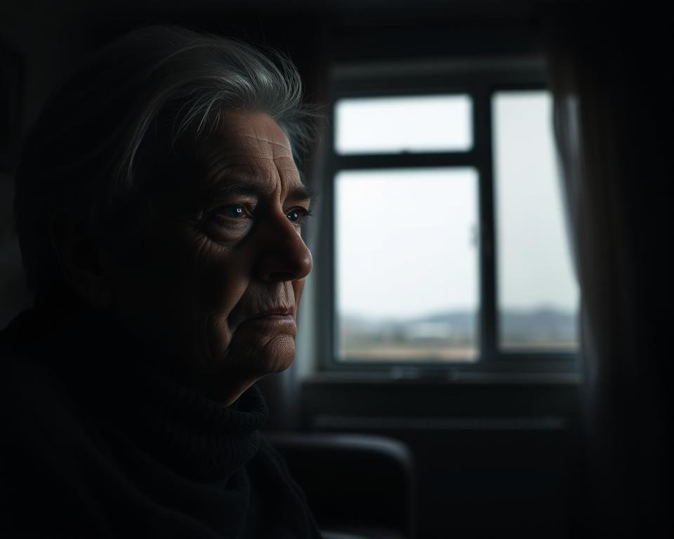 A dimly lit room, soft shadows cast across the face of an elderly person sitting alone, their expression a mix of loneliness and worry. In the background, a window overlooking a dreary landscape, emphasizing the isolation. The lighting is low-key, creating a somber, contemplative mood. The lens is focused on the senior's pensive gaze, drawing the viewer's attention to the emotional weight of their solitude. This image aims to convey the profound health risks associated with prolonged isolation in the elderly, a poignant reminder of the importance of community and social connection.